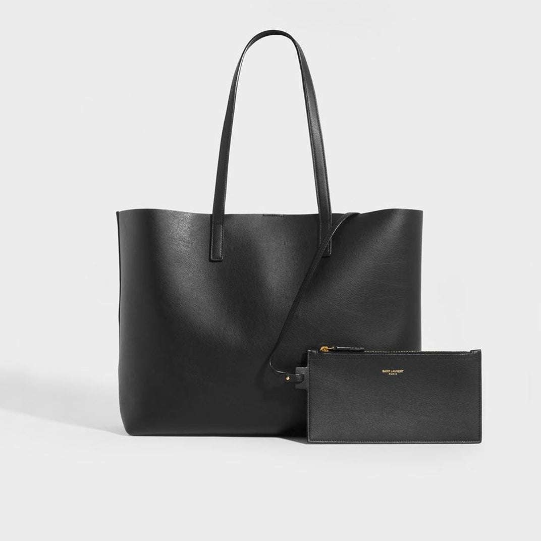 Large Shopper Tote in Black Textured Leather