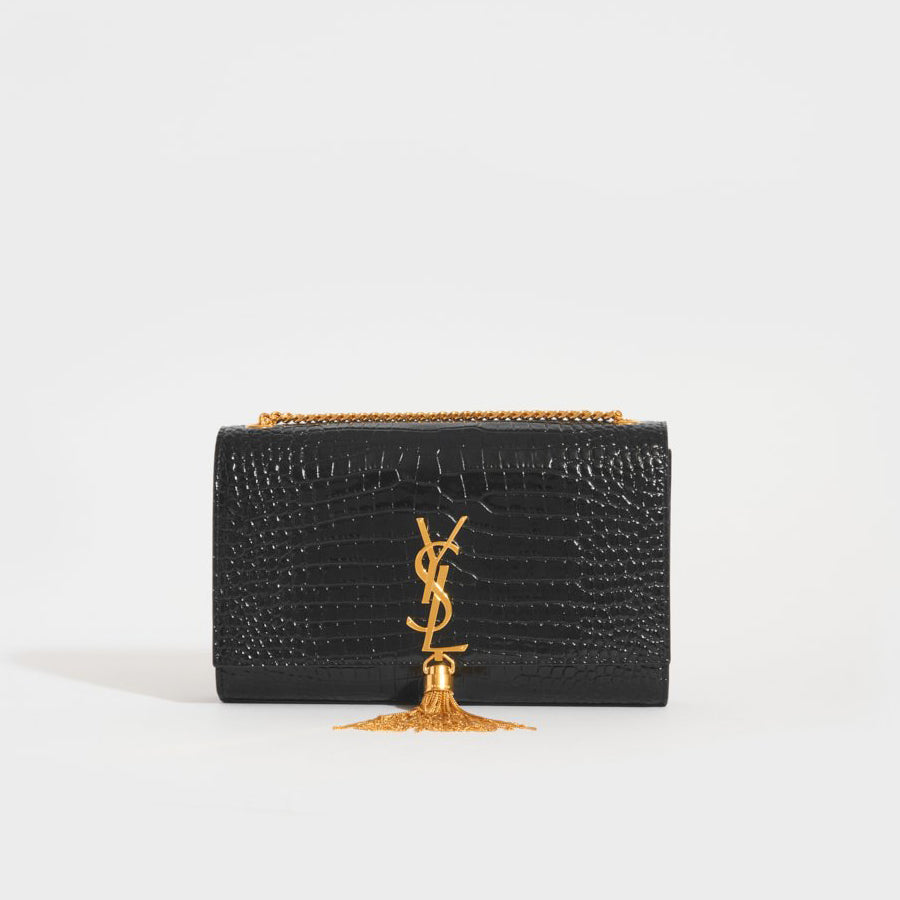 Saint Laurent YSL Monogram Kate Bag Medium Croc Embossed Black