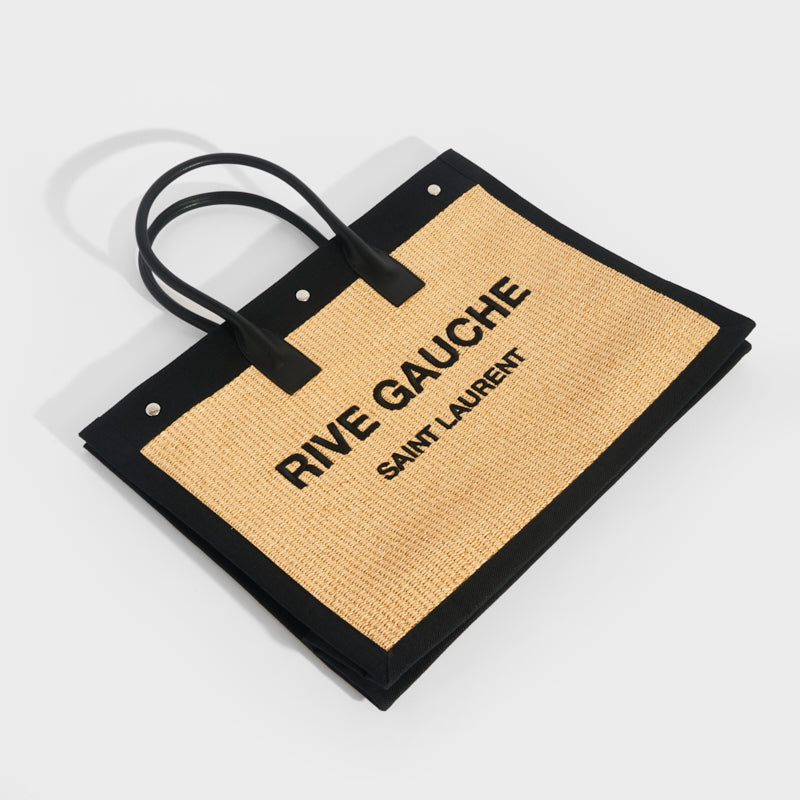 SAINT LAURENT: Rive Gauche raffia and leather tote bag - Beige
