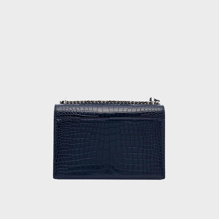 Sunset Medium Croc-Effect Leather Shoulder Bag in Navy