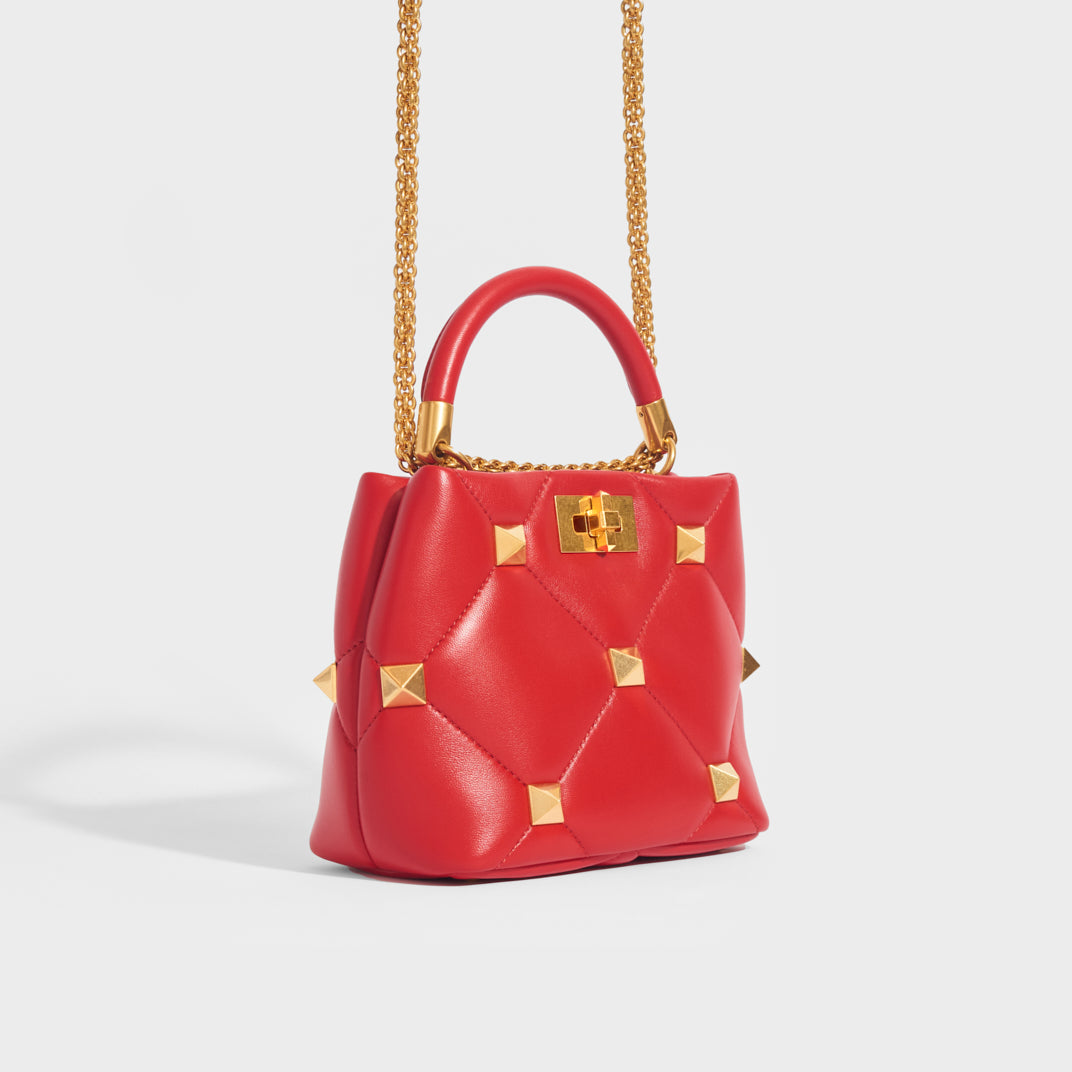 Garavani Roman Stud Small Quilted Leather Tote in Red