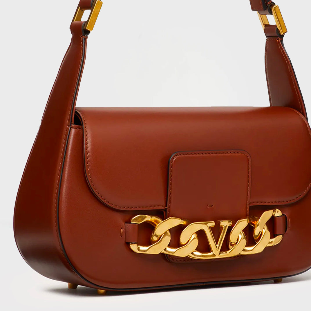 Medium V-Logo Chain Leather Shoulder Bag in Brown